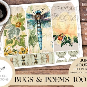 Bugs & Poems Junk Journal EPHEMERA, STAMPABILE, oltre 70 etichette, pieghe, tasche, buste, tagli pignoli, adesivi, biglietti, etichette, ex libris, altro ancora!