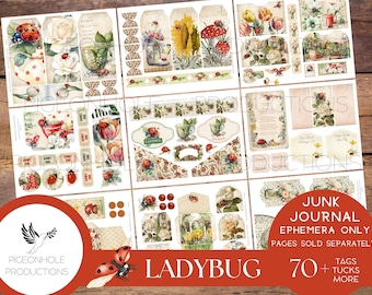 Ladybug Junk Journal EPHEMERA, PRINTABLE, 70+ tags, tucks, pockets, envelopes, fussy cuts, stickers, tickets, labels, bookplates, more!