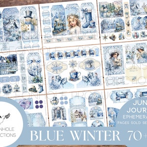 Blaues Winter Junk Journal Ephemera, DRUCKBAR, 70+ Tags, Pins, Taschen, Umschläge, wählerische Schnitte, Aufkleber, Tickets, Etiketten, Exlibris, Schäbig