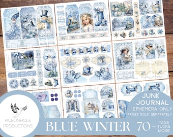 Blue Winter Junk Journal EPHEMERA, PRINTABLE, 70+ tags, tucks, pockets, envelopes, fussy cuts, stickers, tickets, labels, bookplates, SHABBY