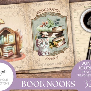 Book Nooks Junk Journal Pages & Reading Log, PRINTABLE, 32 sheets, makes 64 journal pages, enough for 3 signatures, pretty for book lovers!