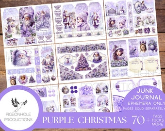Purple Christmas Junk Journal EPHEMERA, PRINTABLE, 70+ tags, tucks, pockets, envelopes, fussy cuts, stickers, tickets, labels, bookplates