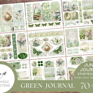 Green Junk Journal EPHEMERA, AFDRUKBAAR, 70+ tags, plooien, zakken, enveloppen, kieskeurige stukken, stickers, tickets, etiketten, ex-libris, SHABBY