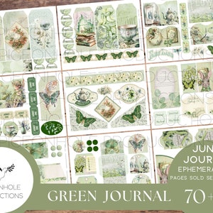 Green Junk Journal EPHEMERA, PRINTABLE, 70+ tags, tucks, pockets, envelopes, fussy cuts, stickers, tickets, labels, bookplates, SHABBY