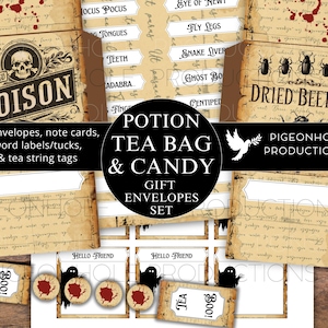 May include: A set of 16 printable Halloween-themed gift envelopes, note cards, word labels, and tea string tags. The envelopes feature a vintage, parchment-like design with spooky text and illustrations, including a skull and crossbones, a ghost, and a potion bottle. The text on the envelopes reads "Potion Tea Bag & Candy Gift Envelopes Set" and "Pigeonhole Productions".