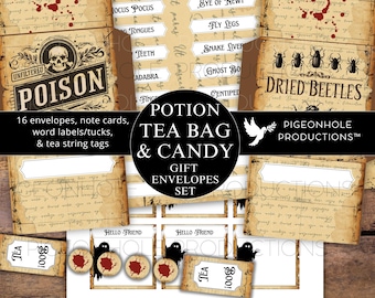 Kuvertkit med tepåsar och godis från Potion, UTSKRIVBART, 16 kuvert, anteckningskort, snöretiketter, ordetiketter/fickor/instoppningar, passar vanliga tepåsar