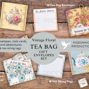Op de afbeelding: Vintage bloemen thee zakje cadeau enveloppen set met 18 enveloppen, 18 thee touwtje labels en 36 touwtje sluiting knoppen. De enveloppen hebben een verscheidenheid aan bloemen ontwerpen en de tekst "Tea Among Friends", "Thinking of You" en "A Cup of Tea".