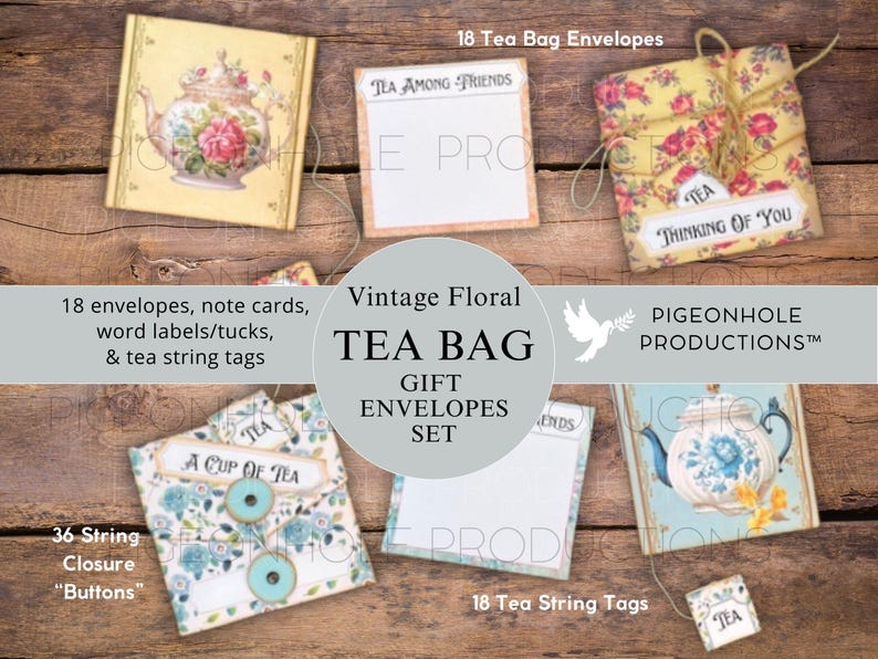 Op de afbeelding: Vintage bloemen thee zakje cadeau enveloppen set met 18 enveloppen, 18 thee touwtje labels en 36 touwtje sluiting knoppen. De enveloppen hebben een verscheidenheid aan bloemen ontwerpen en de tekst "Tea Among Friends", "Thinking of You" en "A Cup of Tea".