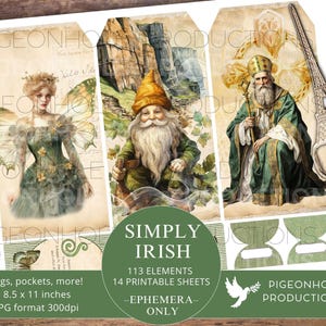 Simplement irlandais Junk Journal EPHEMERA, IMPRIMABLE, 113 cartes de journal, étiquettes, plis, pochettes, enveloppes, coupes difficiles, autocollants, billets, étiquettes