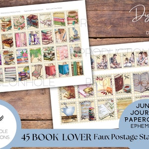 Francobolli falsi Book Lover—STAMPABILI—Utilizzabili in diari spazzatura, agende, scrapbooking, collage o stampa su carta adesiva per adesivi
