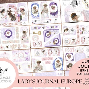 Lady's Journal Europe Junk Journal EPHEMERA — DO DRUKU — ponad 70 kart do dziennika, metek, zakładek, kieszonek, kopert, biletów i innych