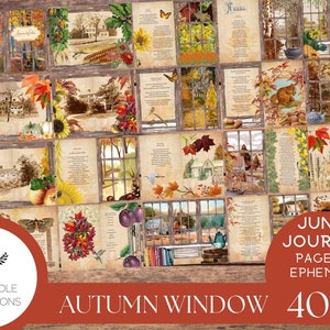 Autumn Window Junk Journal Kit, met klassieke herfstpoëzie - PRINTBAAR - 40 pagina's, bevat meer dan 70 tags, zakken, kieskeurige bezuinigingen, kaartjes en meer