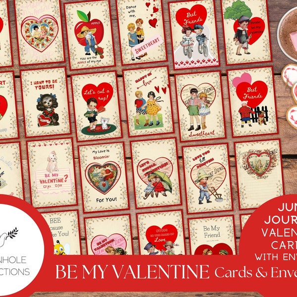 Be My Valentine Cards & Envelopes, PRINTABLE, 24 cards, 4 different envelopes (print as many as you need), vintage retro style, cute kids!