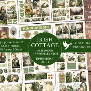 Irish Cottage Junk Journal EPHEMERA, IMPRIMÍVEL, 116 cartões de diário, etiquetas, dobras, bolsos, envelopes, cortes exigentes, adesivos, bilhetes, etiquetas