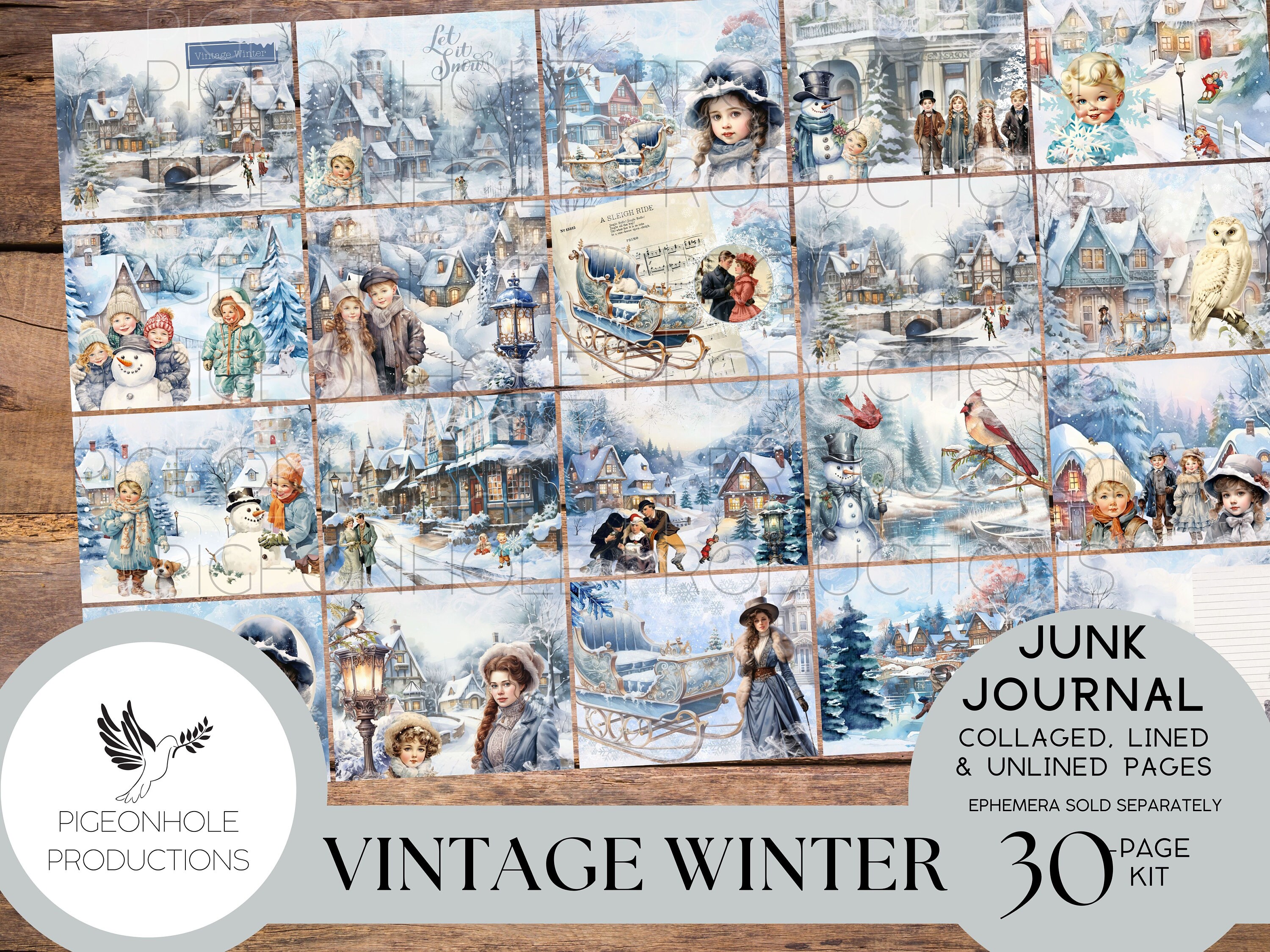 Vintage Winter Junk Journal Pages, PRINTABLE, 32 Collaged, Lined ...