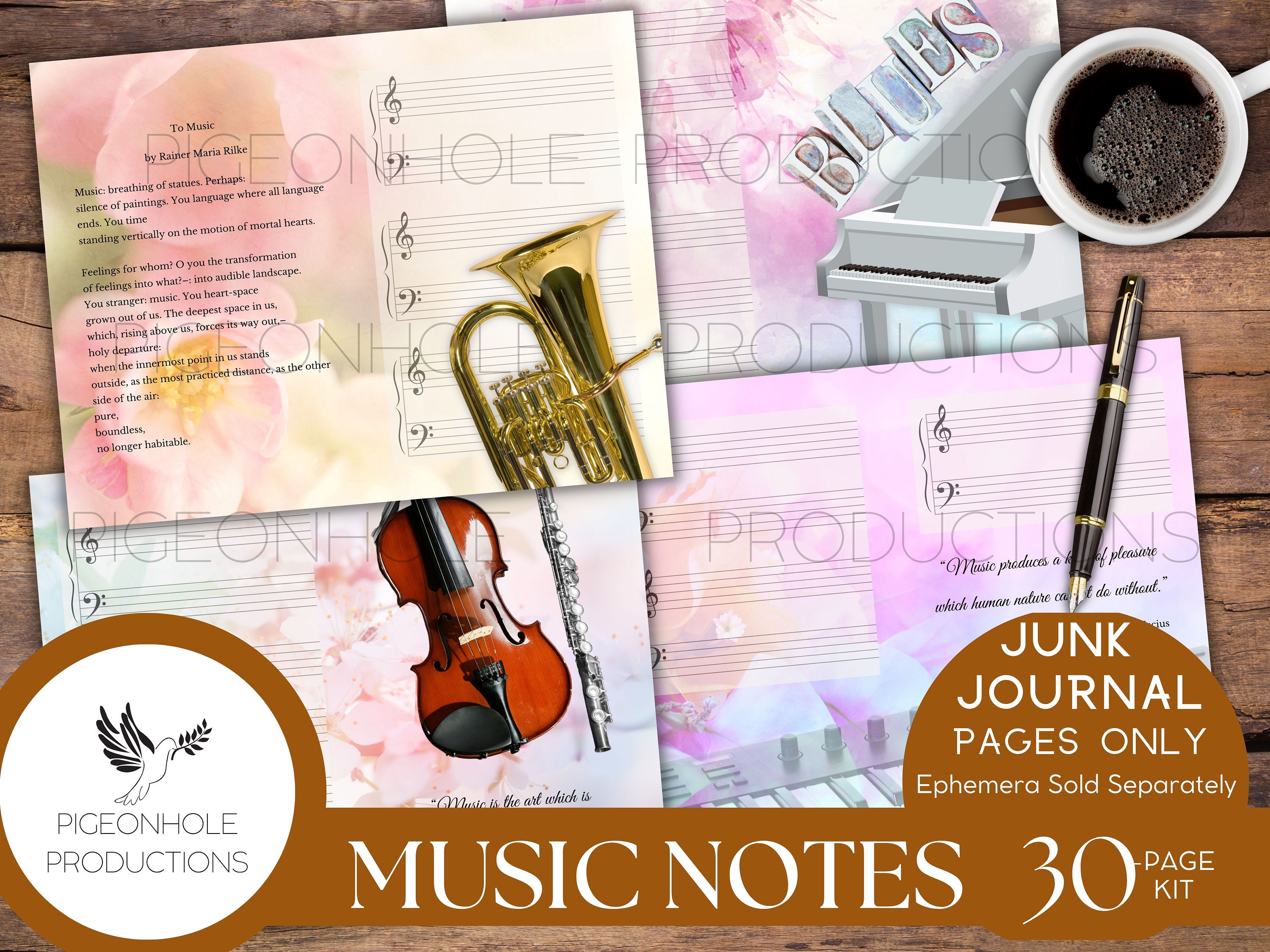 Music Notes Junk Journal Pages Kit, PRINTABLE, 30 Sheets Journal Pages ...