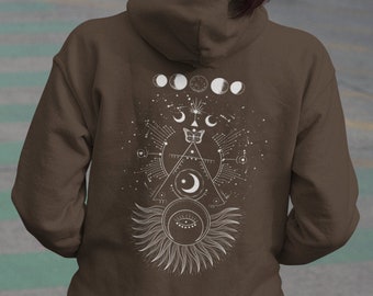 Moon and star hoodie with back print on dark brown or black hoodie. Celestial boho Mystical witchy vibe. Gift for trendy friend or family