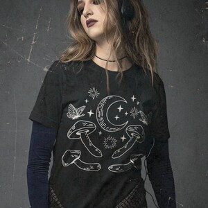 Mushroom shirt with butterflies moon and stars Celestial mystical vibes Grunge fairycore Mushroom apparel Cottagecore shirt Alt present