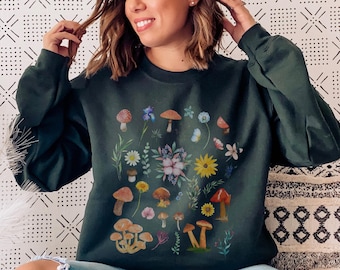 Floral Cottagecore sweatshirt with flowers and mushrooms. Hand drawn floral and Fungi design. Botanical shirt for nature lovers or gardeners
