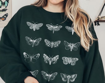 Forest Green Moths Sweatshirt, Goblincore Trendy Crewneck