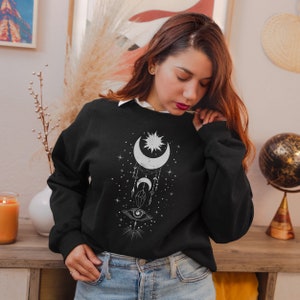 Witchy sweatshirt. Moon sweatshirt. Evil Eye. Moon stars crystal occult vibe. Boho hippie gift. Cozy sweater. Witchcore Aesthetic In the UK