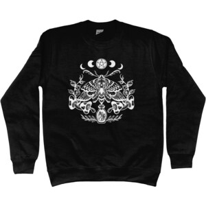 May include: Black sweatshirt with a white graphic design of a moth with a pentagram and crescent moons above it. The moth is surrounded by leaves and a bottle with crystals inside.