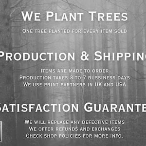 May include: A grayscale image with text about planting trees, production, and a satisfaction guarantee. The text includes "WE PLANT TREES", "PRODUCTION & SHIPPING", and "SATISFACTION GUARANTEE". The logo for "Printed Trees" is in the lower left corner.