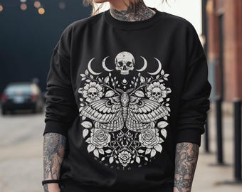 Sweatshirt Memento Mori, gotische grafische trui, grillige Witchy-kleding, Luna Moth Skull-shirt, donkere esthetische grunge, gotisch cadeau