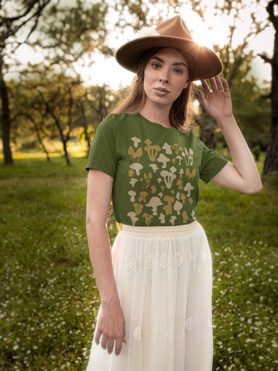 Mushroom Shirt Goblincore Clothing Cottagecore Fashion Mushroom Print Mushroom Apparel Aesthetic Clothing Boho Hippie in Green Brown Black Etsy