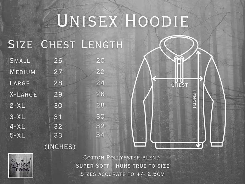 K&ouml;nnte beinhalten: Eine Gr&ouml;&szlig;entabelle f&uuml;r einen Unisex-Kapuzenpullover mit einer Strichzeichnung des Kleidungsst&uuml;cks und Pfeilen f&uuml;r Brust- und L&auml;ngenma&szlig;e. Eine Tabelle listet Gr&ouml;&szlig;en von Small bis 5-XL in Zoll auf. Der Text enth&auml;lt Cotton Polyester Blend.