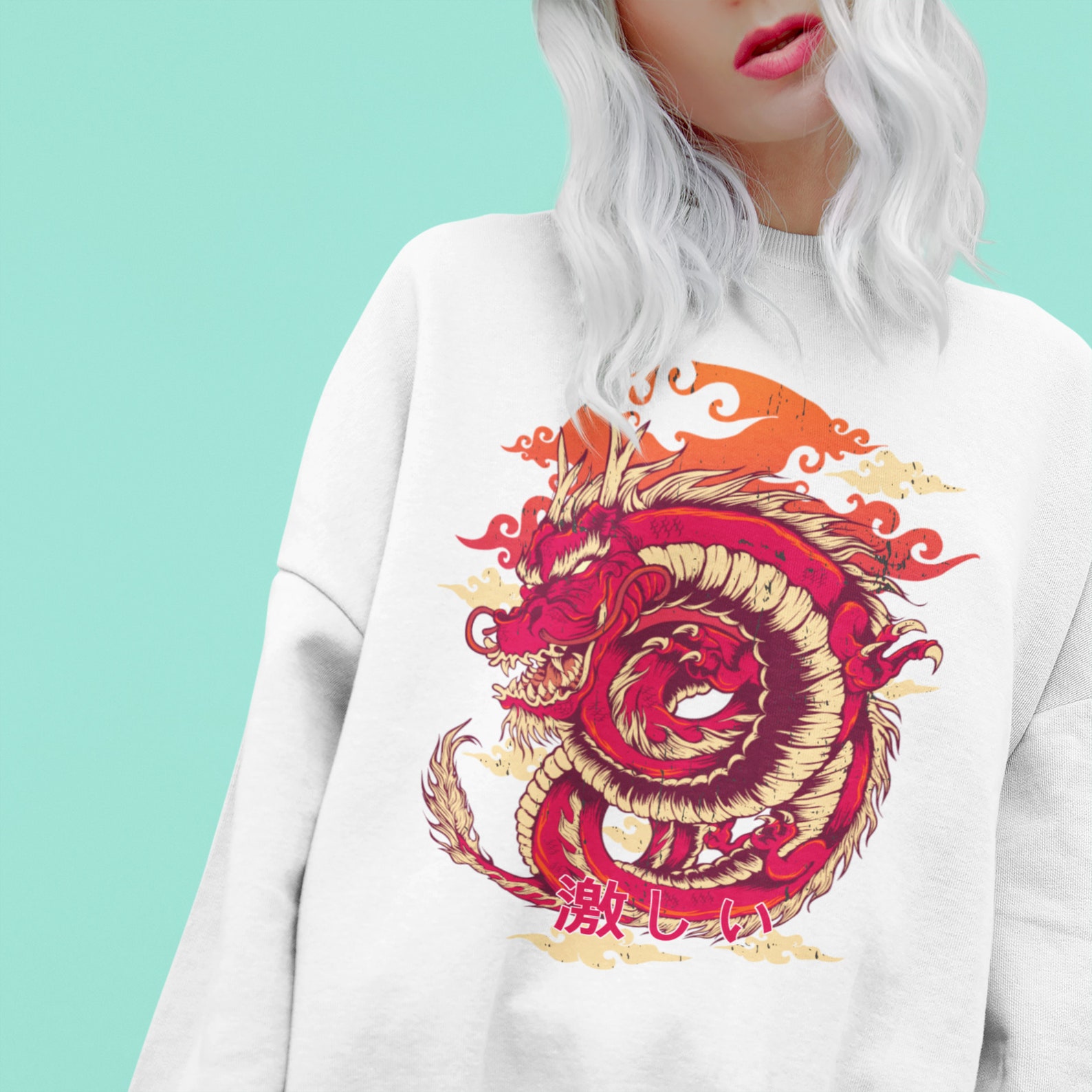 Japanese Streetwear Sweatshirt With Japanese Dragon. Japanese Writing ...