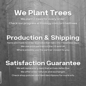 May include: A black and white image of a forest with text that reads "We Plant Trees" and includes information about the company's commitment to planting trees for every order. The text also includes information about production and shipping times, as well as a satisfaction guarantee.