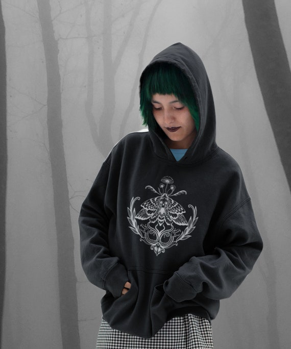 Witchy clothes Goblincore Hoodie Mushroom moth skull graphics Wicca Occult and Goth Gothic vibes Alternative Clothing Grunge fairycore in UK
