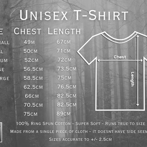May include: A size chart for a unisex t-shirt, with measurements in centimeters. The chart includes chest and length measurements for sizes X-Small to 5-XL. The text also states the shirt is made from 100% ring spun cotton and runs true to size.