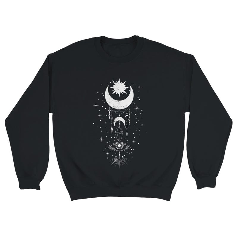 Witchy Moon Sweatshirt, Evil Eye, Boho Occult Sweater Black