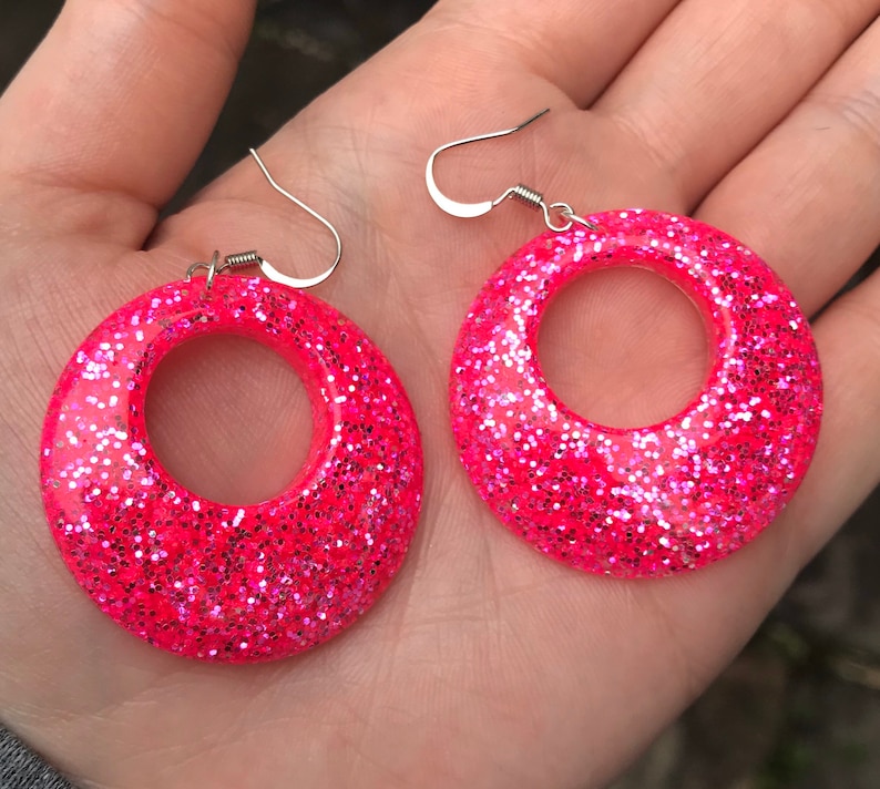 Hot Pink Glitter Earrings Hot Pink Dangle Earrings Neon Etsy