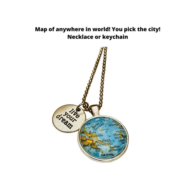 Live Your Dream Jewelry/ Live Your Dream & CUSTOM Map Pendant Necklace/ Necklace for Athletes/ Inspiration Jewelry/ Travel Jewelry