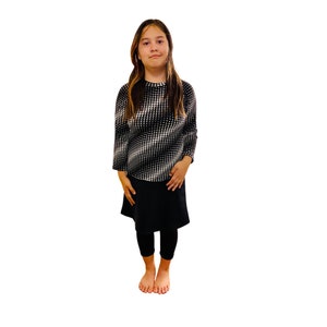 Girls Modest Tznius 3/4 Sleeve UPF 50+ Sun Protection bathing Suit Swimdress  (Dots in Black )