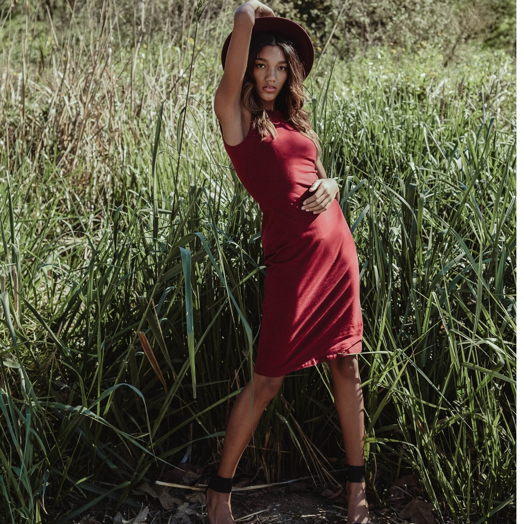 Wine Stretch Cotton Jersey Bodycon Sleeveless Dress, Midi Tank Dress, Cocktail Dress, Layering Dress, Tznius, Sheath, Versatile Tank Dress XS
