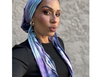 Super Soft Lightweight Pre-Tied Headwrap Tichel Turban Headscarf Nonslip TieDye Blue Purple Jersey FREE SHIPPING