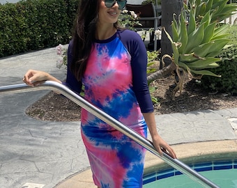 Swim Dress, Athletic Dress, Swimdress, Modest Swimwear, Tropical Sunset Tie Dye Swim Dress, Christian Swim Dress, Navy  S-3XL, FREE SHIP