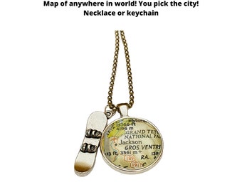 Snowboard Charm Necklace, CUSTOM Map Pendant Necklace, Sports Jewelry, Necklace for Adventure Seekers, Snowboard Jewelry