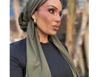 Super Soft Lightweight Pre-Tied Headwrap Tichel Turban Headscarf Nonslip Olive Green FREE SHIPPING