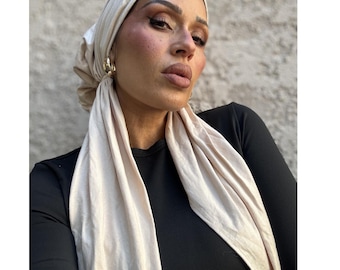 Super Soft Lightweight Pre-Tied Headwrap Tichel Turban Headscarf Nonslip Beige Modal Jersey FREE SHIPPING