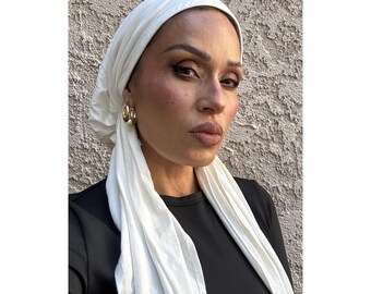 Super Soft Lightweight Pre-Tied Headwrap Tichel Turban Headscarf Nonslip Soft Grip White Modal Jersey FREE SHIPPING