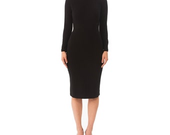 Black Long Sleeve Midi Dress: Cotton Blend Slimming Layering Dress
