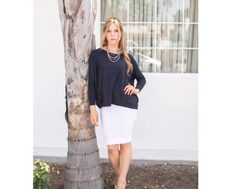 White Cotton Spandex Pencil Skirt, Stretchy Bodycon Midi Skirt
