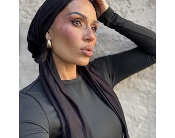 Super Soft Lightweight Pre-Tied Headwrap Tichel Turban Headscarf Nonslip Black Jersey FREE SHIPPING