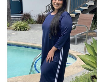 Plus Size Swim Dress: Navy with White Stripes. 2x and 3x Sizes. Longer Length. Slimming Silhouette. FREE SHIP