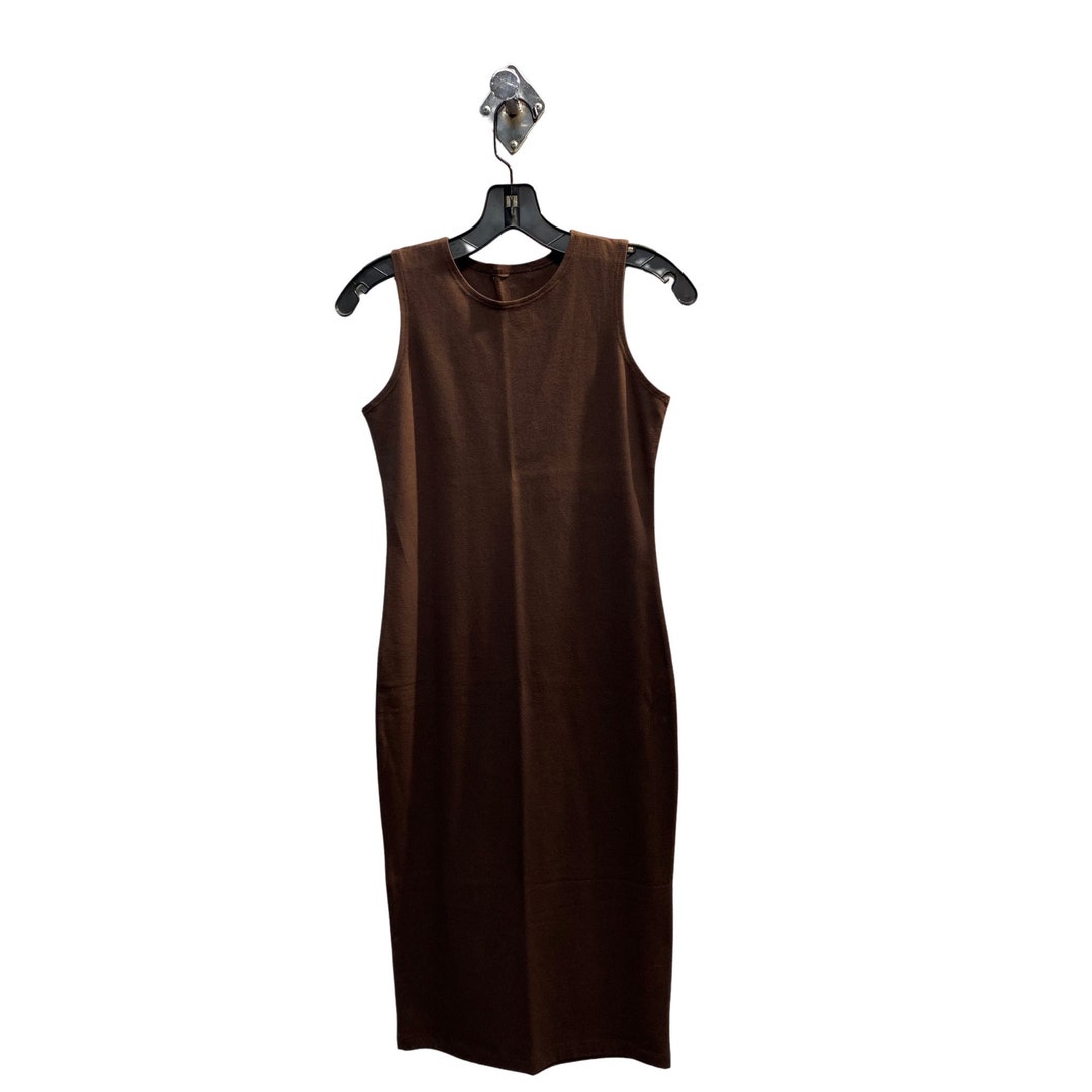 Plus Size Brown Stretch Jersey Sleeveless Dress, Midi Tank
